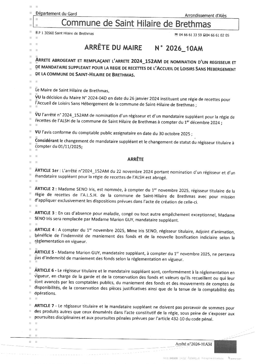 Aperçu du fichier 2026_10AM Remplacçant arrêté N°2024_152AM Nomination régisseur mandataire ALSH 