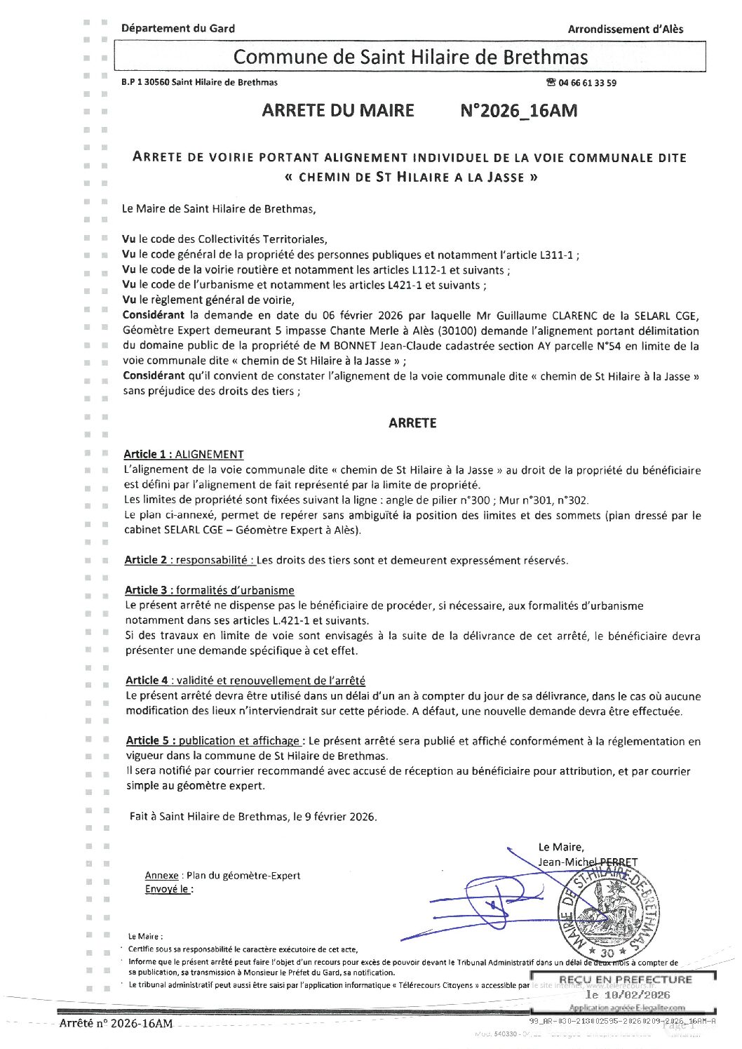 Aperçu du fichier 2026_16AM arrêté de voirie portant alignement ch de St Hilaire à la jasse 