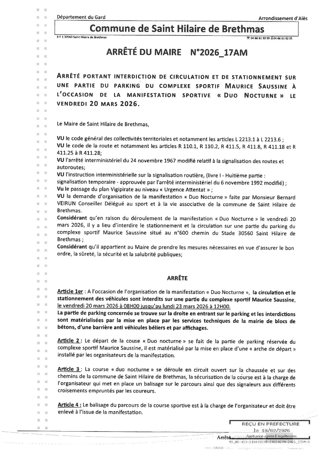 Aperçu du fichier 2026_17AM Arrêté portant interdiction circulation et stationnement parking complexe Maurice Saussine Duo Nocturne 
